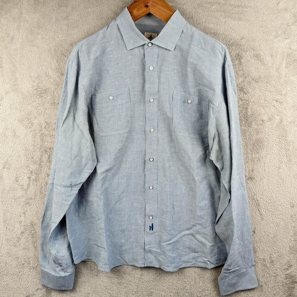 Johnnie-O Shirt Mens 2XL Blue White Stripe L/S Button Up Linen Blend Pocket Logo